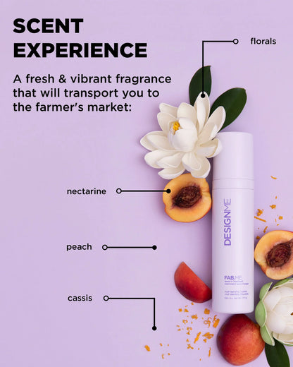 Product packaging with flowers and fruits on a purple background, labeled with scents.