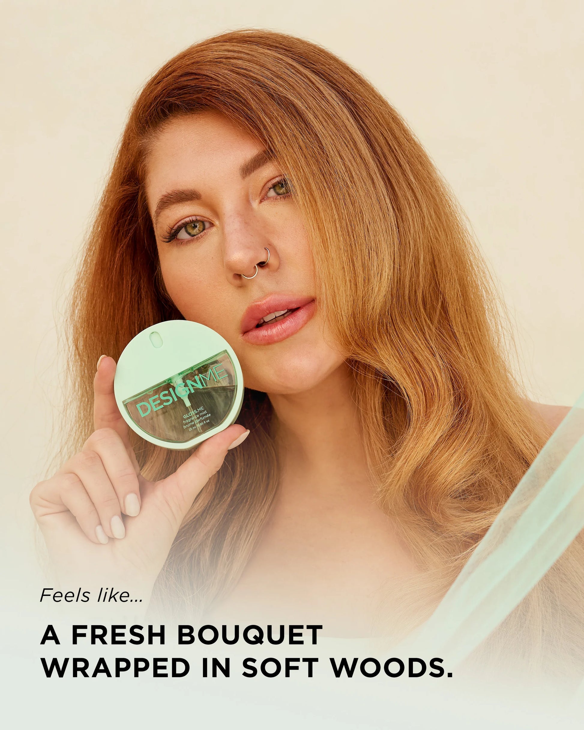 A woman with long highlighted brown hair holds up a round cosmetic jar with a mint green lid. The image has text overlays reading 'Feels like.