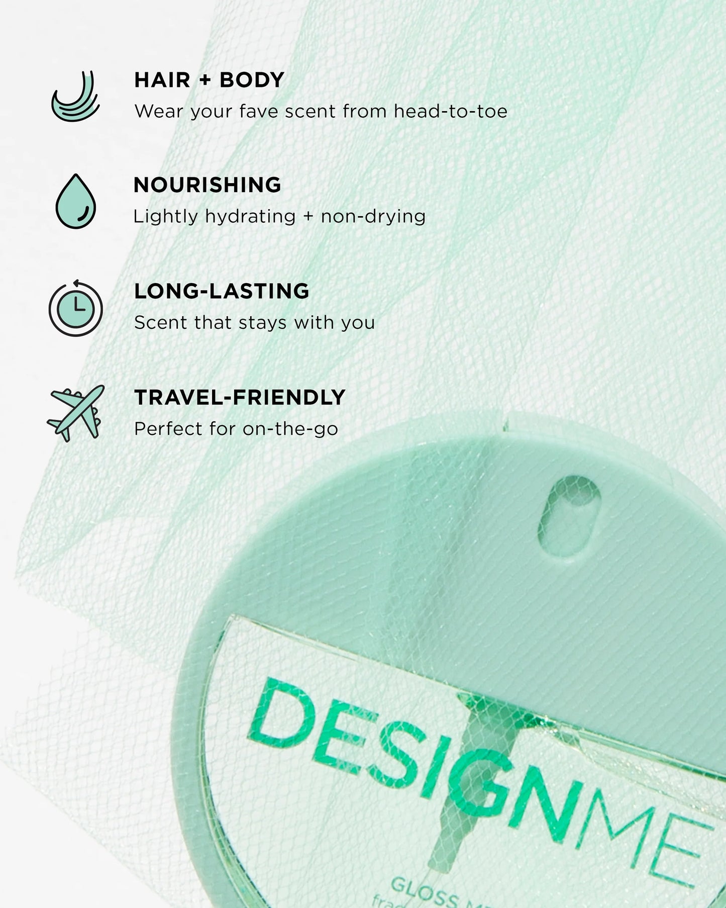 Close-up of a mint green DesignMe Gloss Lip Balm tube with a white label, set against a matching mint green textured background with feature callouts.