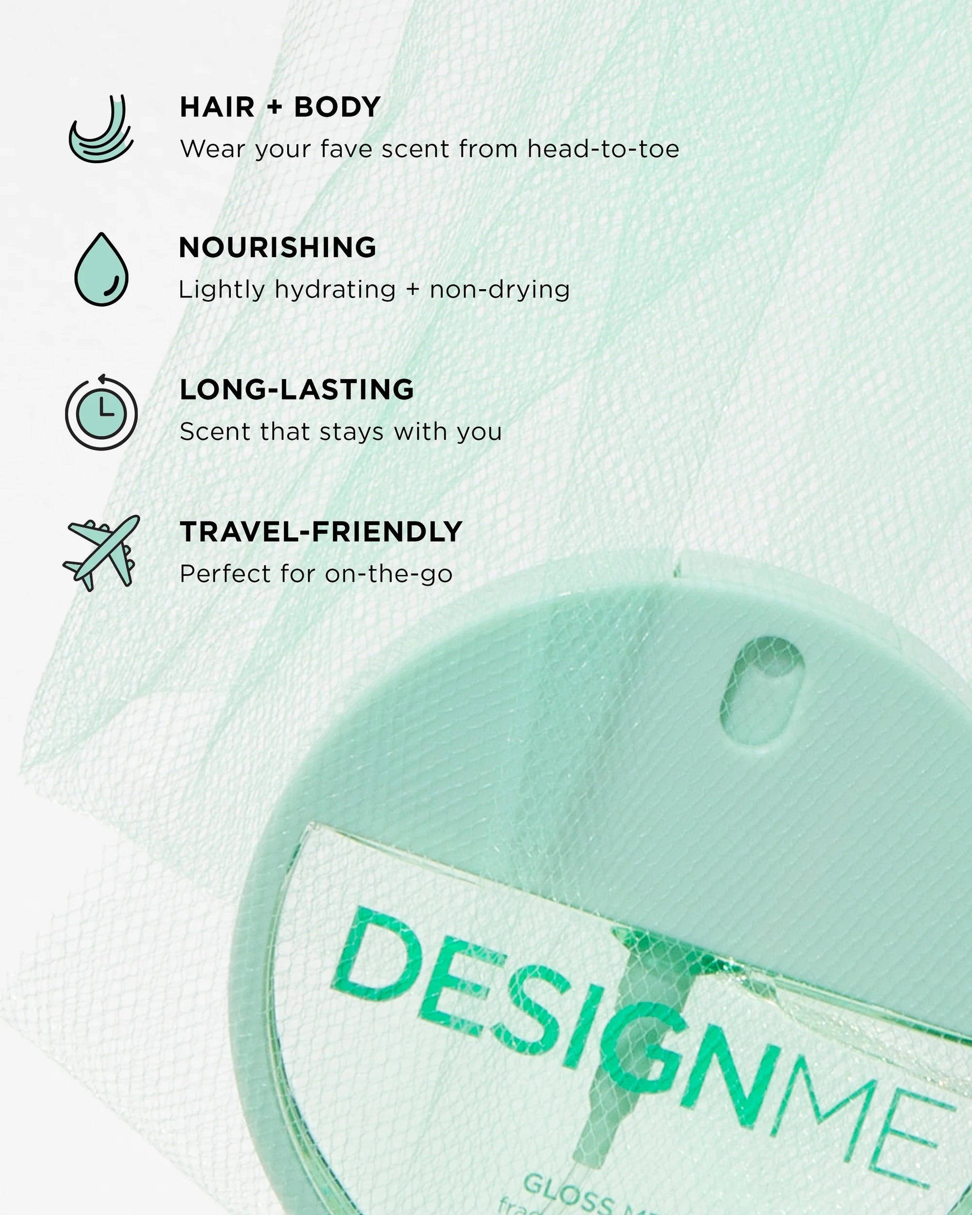 Close-up of a mint green DesignMe Gloss Lip Balm tube with a white label, set against a matching mint green textured background with feature callouts.