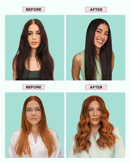 Before and after hair color transformation comparison on a light blue background