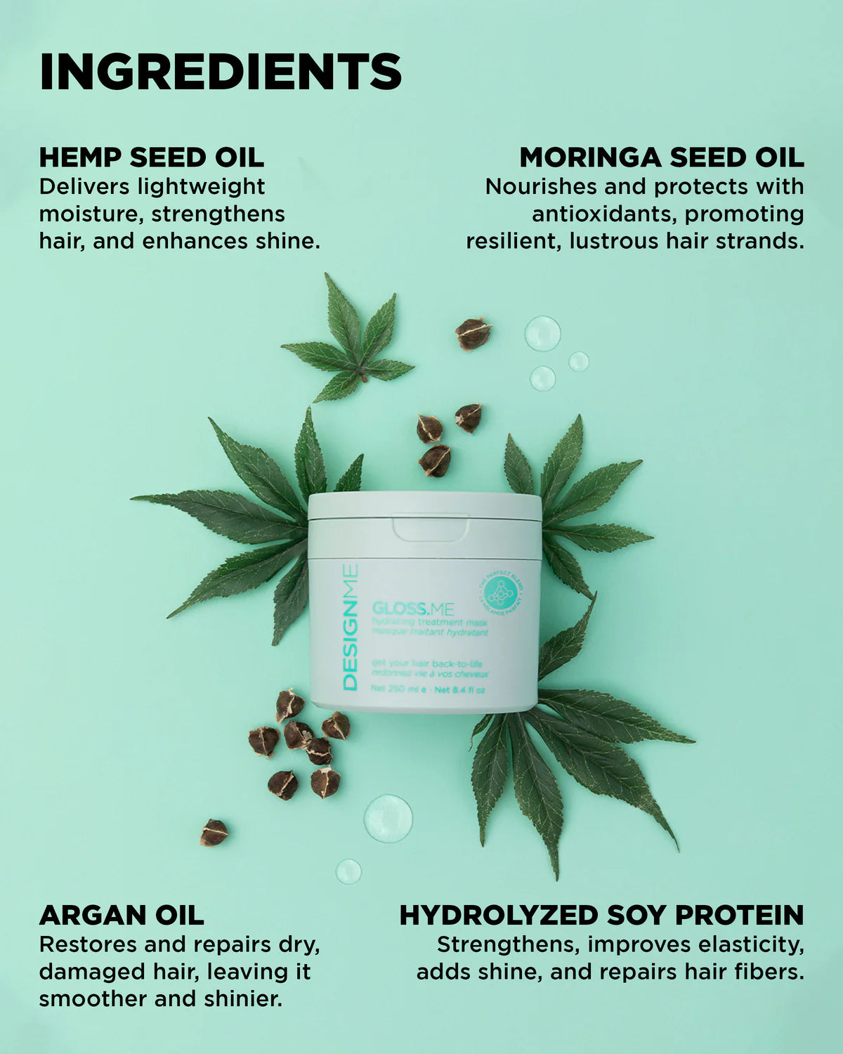 Hair product container with ingredients listed on a light green background