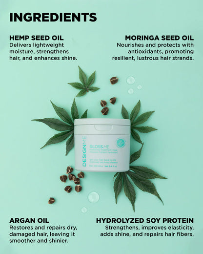 Hair product container with ingredients listed on a light green background