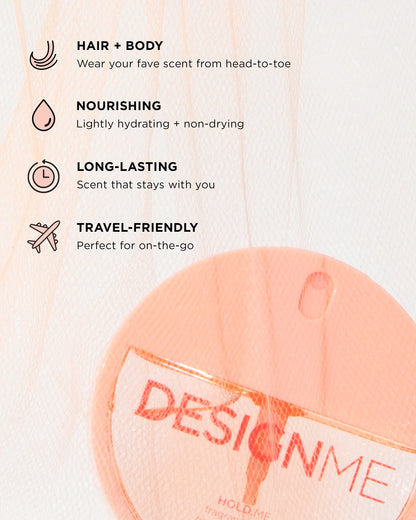 Close-up of a peach-colored hair and body spray bottle with the brand name 'DESIGNME' visible, set against a white background with feature callouts for hair and body scent, nourishing properties, long-lasting scent, and travel-friendly design.
