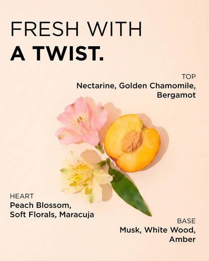 A fragrance scent card with the text 'FRESH WITH A TWIST.' and ingredient notes for top, heart, and base notes, featuring a peach half and pink and white flowers on a pale peach background.