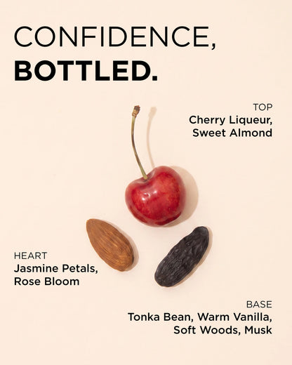 A minimalist product graphic on a warm cream background with the text 'CONFIDENCE, Bottled.' and ingredient callouts around a cherry, almond, and dark dried fruit.