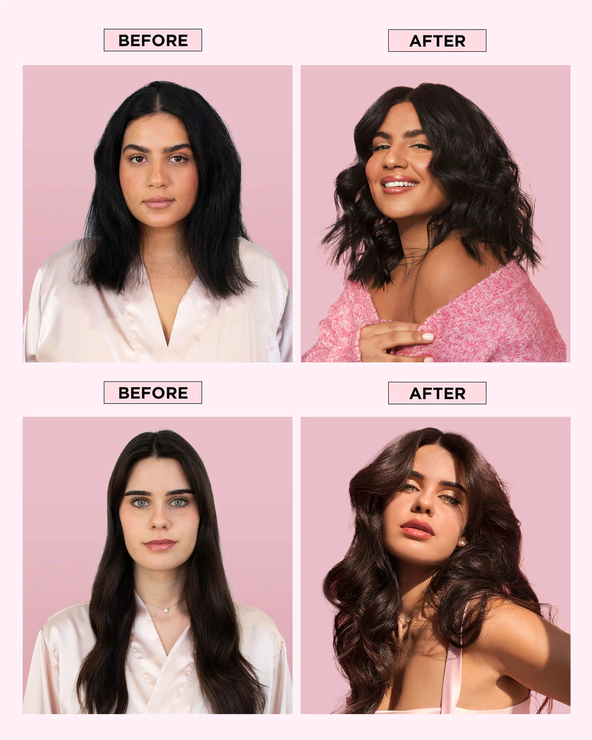 Before and after hair transformation comparison on a pink background