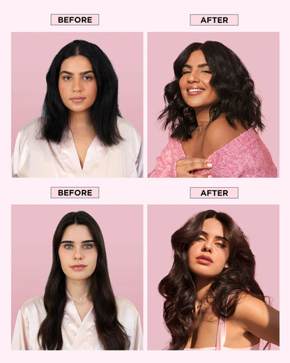 Before and after hair transformation comparison on a pink background