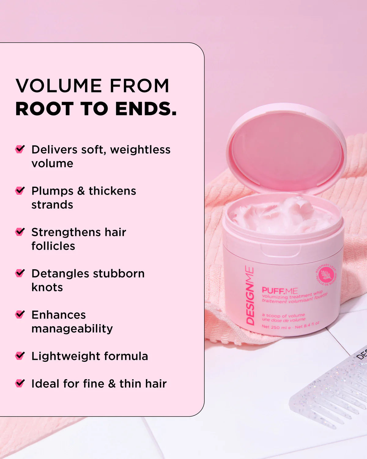 Pink hair product jar with text detailing its benefits on a pink background