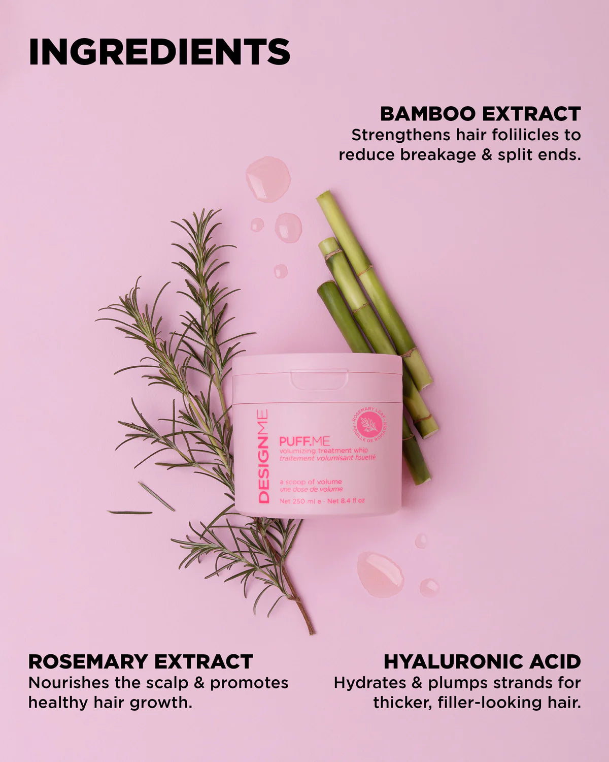 Pink hair product jar with bamboo and rosemary on a pink background, featuring ingredient text.