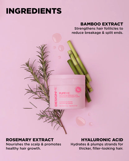 Pink hair product jar with bamboo and rosemary on a pink background, featuring ingredient text.