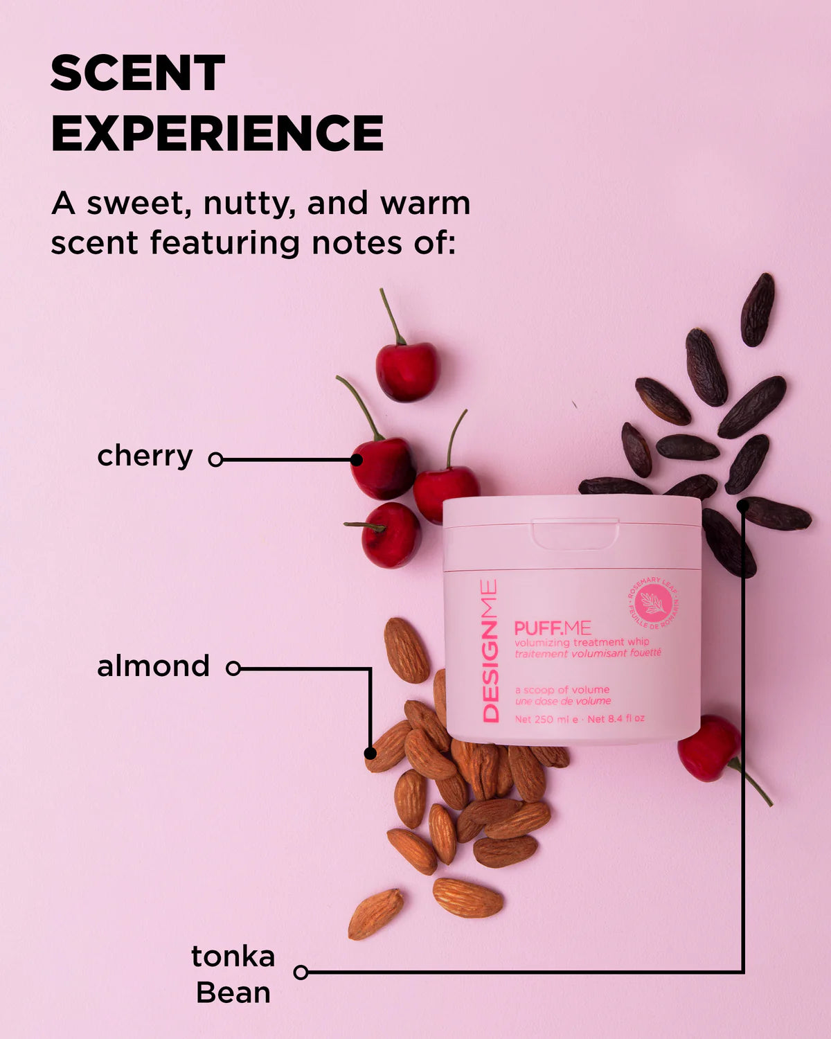 Product with cherry, almond, and tonka bean elements on a pink background