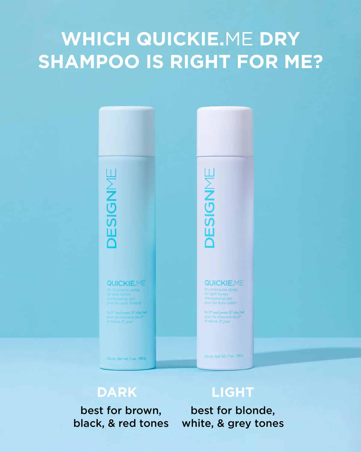 Two bottles of Design.Me Quickie.Me dry shampoo on a light blue background with text about color suitability.