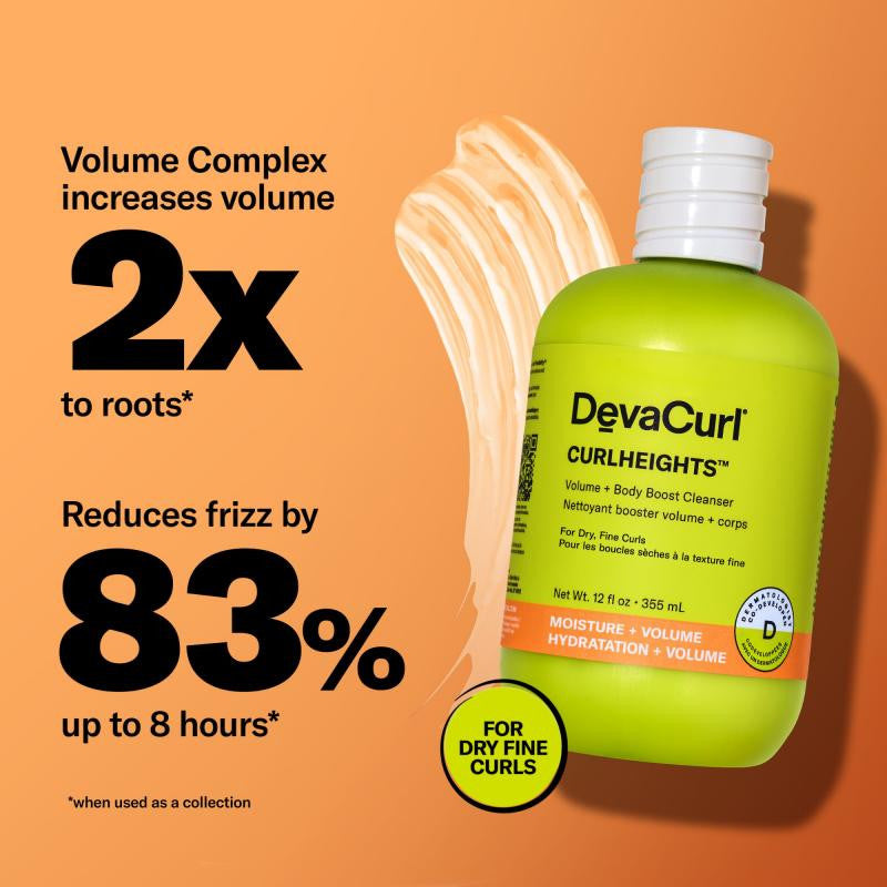 Devacurl Curlheights bottle with product benefits on an orange background