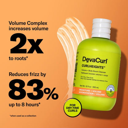 Devacurl Curlheights bottle with product benefits on an orange background