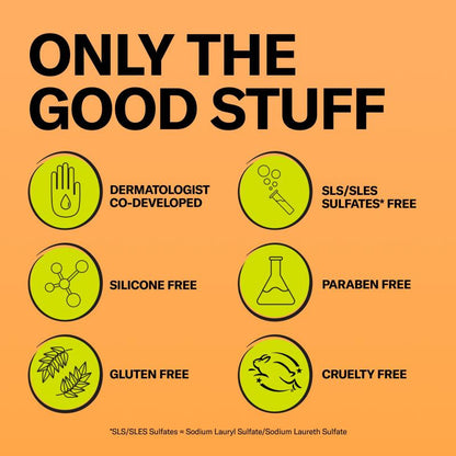 Orange background with green icons and text highlighting product features.