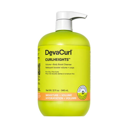 A bottle of DevaCurl Curlheights Volume + Body Breathe Cleanser in a bright yellow-green color with a white pump dispenser, shown on a plain white background.