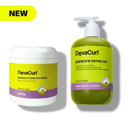 DevaCurl Quench'n Define Gel and Quench'n Stretch Cream set on a white background with a yellow 'NEW' badge. The set includes a white jar of moisturizing defining hair cream and a translucent green pump bottle of styling defining gel with a white pump.