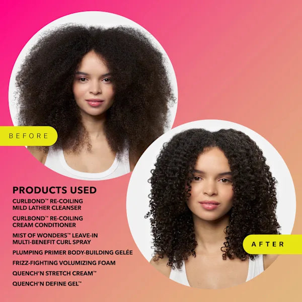 Before-and-after hair styling comparison showing a woman with voluminous curly hair, with product text and circular portraits on a pink-to-peach gradient background.