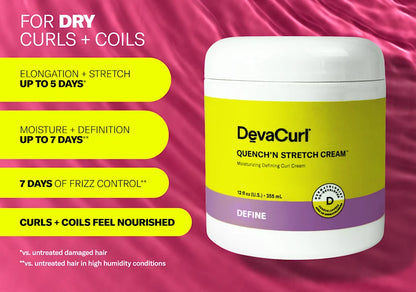 A white DevaCurl Quench 'N Stretch Cream jar with a yellow and purple label, shown on a pink satin-like background with bright yellow callout text listing benefits for dry curls and coils.