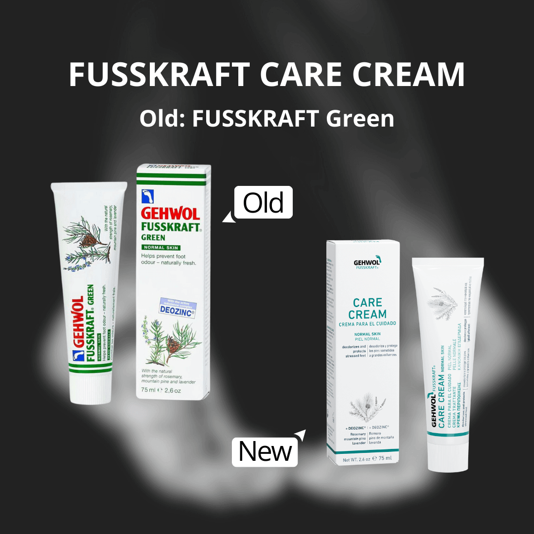 Comparison of old and new GEHWOL Fusskraft Care Cream packaging on a black background.