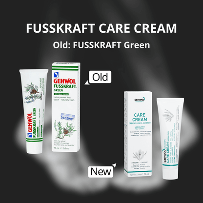 Comparison of old and new GEHWOL Fusskraft Care Cream packaging on a black background.