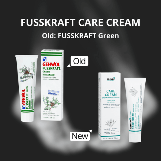 Comparison of old and new GEHWOL Fusskraft Care Cream packaging on a black background.