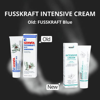 Comparison of GEHWOL Fusskraft Intensive Cream with old and new packaging Gehwol Intensive cream foot cream