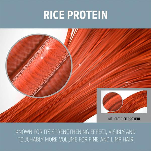 Illustration of red hair strands with close-up and comparison text about rice protein's strengthening effect.