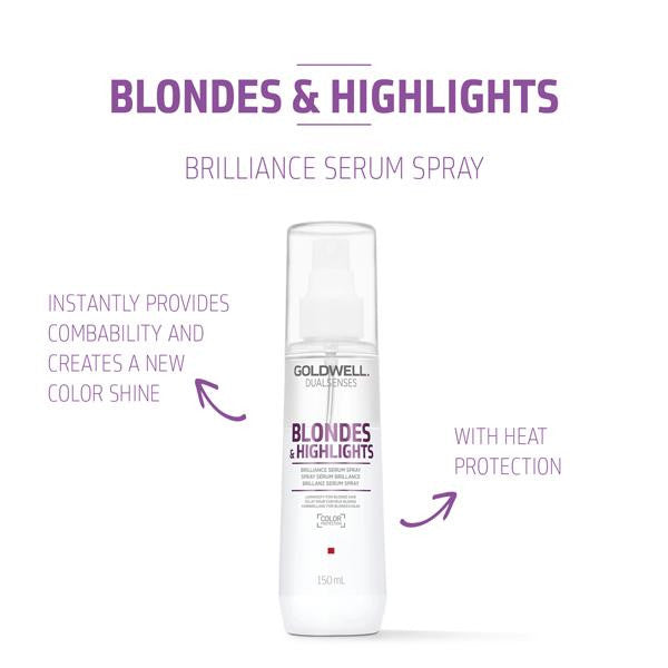 Goldwell Blondes & Highlights Brilliance Serum Spray bottle on a white background with text highlighting features.