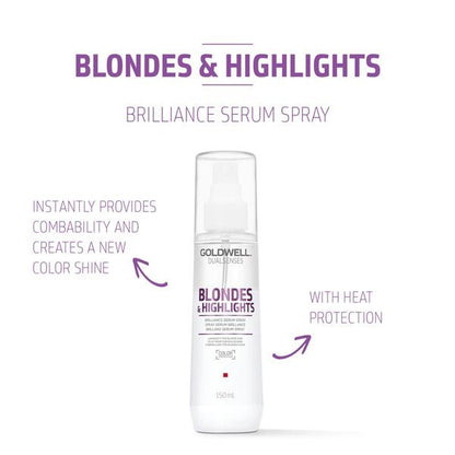 Goldwell Blondes & Highlights Brilliance Serum Spray bottle on a white background with text highlighting features.