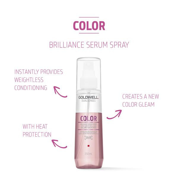 Goldwell Color Brilliance Serum Spray bottle with text on a white background