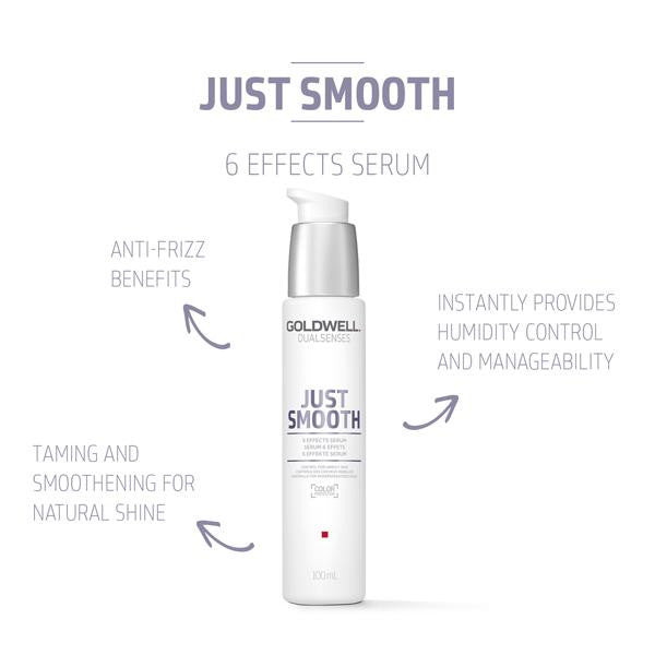 Goldwell Just Smooth serum bottle with text on a white background