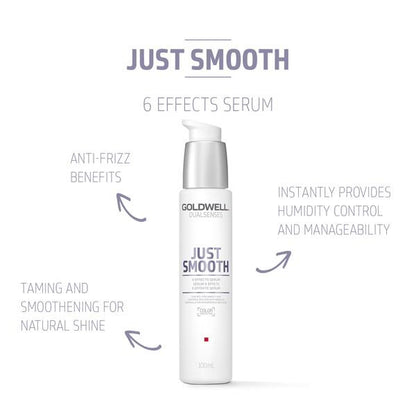 Goldwell Just Smooth serum bottle with text on a white background