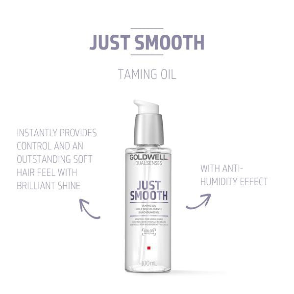 Goldwell Just Smooth taming oil bottle on a white background with text describing its features.
