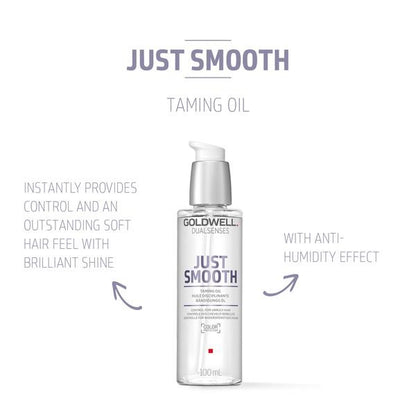 Goldwell Just Smooth taming oil bottle on a white background with text describing its features.