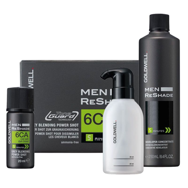 Goldwell men reshade 6CA hair dye including a bottle, a pump, and a box on a white background