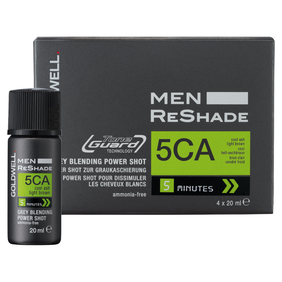 Men's grey blending 5CA hair color product with bottle and packaging on a white background
