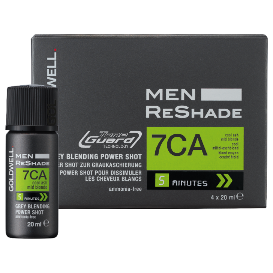 Men's hair color grey blending product with bottle and packaging on a white background