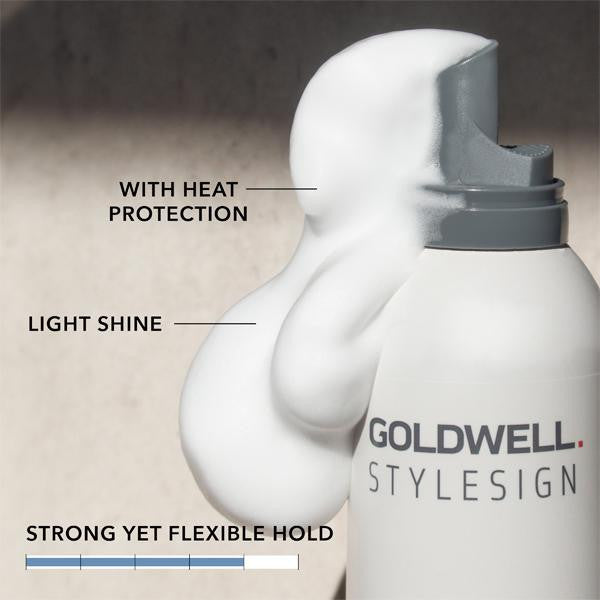 Goldwell Stylesign hair product bottle with text highlighting features on a neutral background