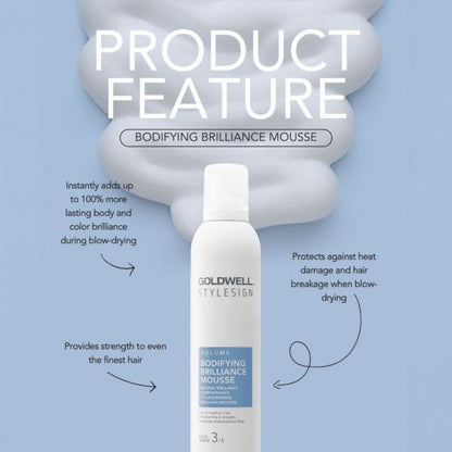 Goldwell styling mousse bottle with product features on a light blue background