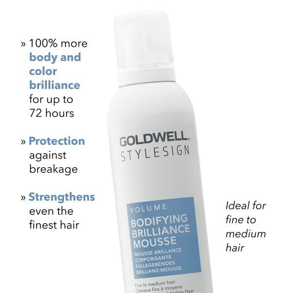 Goldwell Stylesign Volume Bodifying Brilliance Mousse bottle with text highlighting product benefits on a white background