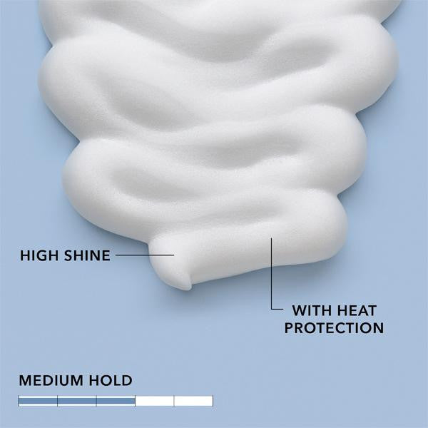 Close-up of a white hair product with text indicating 'High Shine', 'With Heat Protection', and 'Medium Hold' on a light blue background.