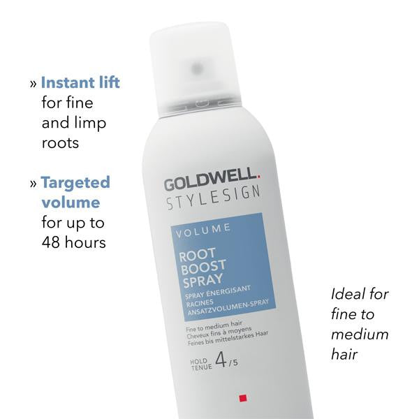Goldwell Root Boost Spray bottle on a white background with text highlighting features.