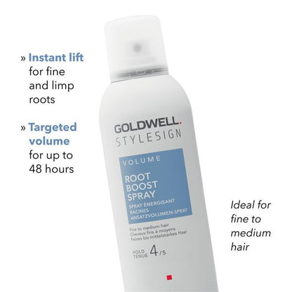 Goldwell Root Boost Spray bottle on a white background with text highlighting features.