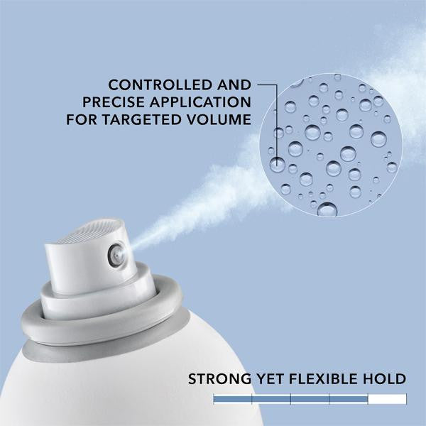 Spray can with text about controlled application and flexible hold on a light blue background