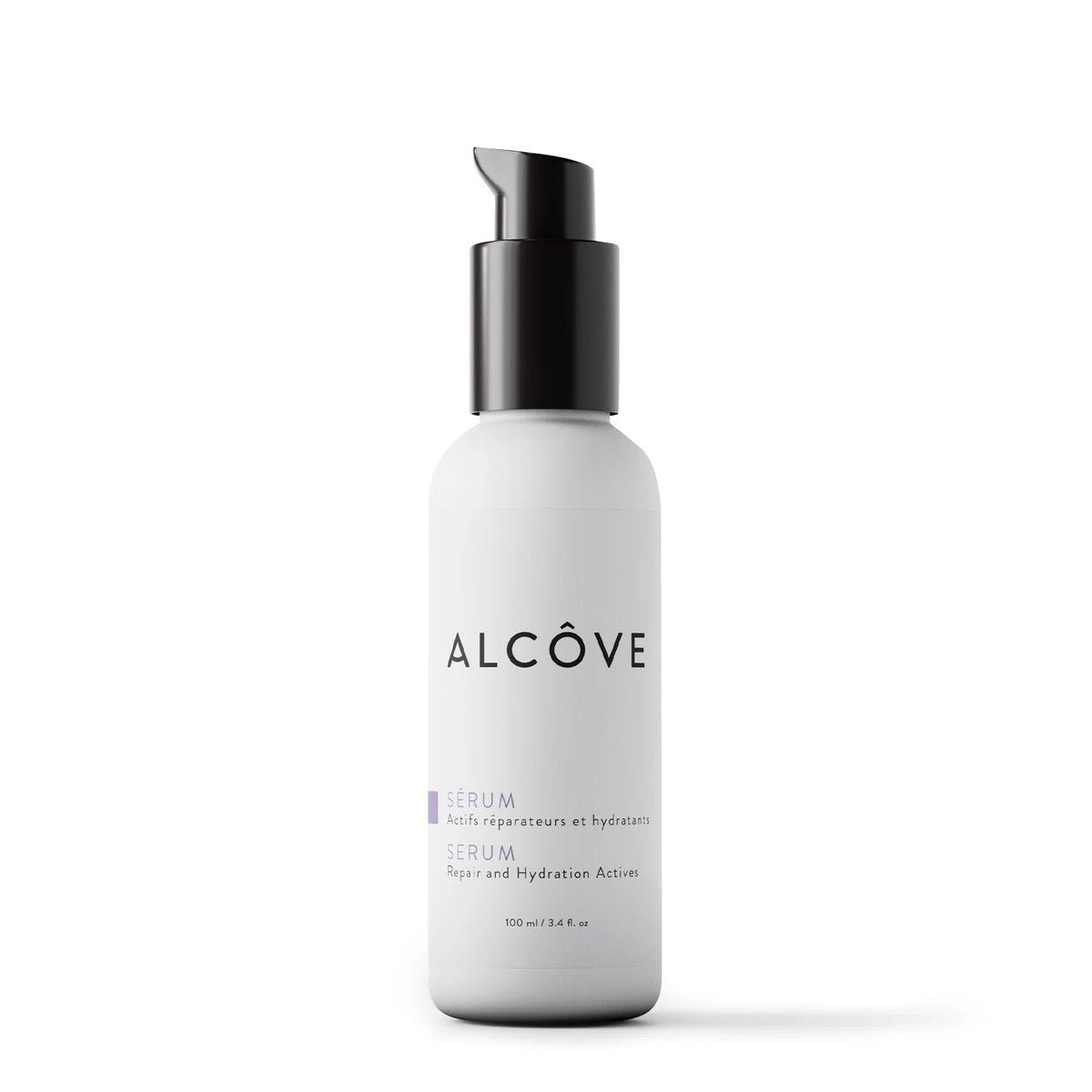 A bottle of Alcôve Serum on a clean white background. The bottle is a frosted light gray with a black pump dispenser and features the brand name 'ALCÔVE' in black text.