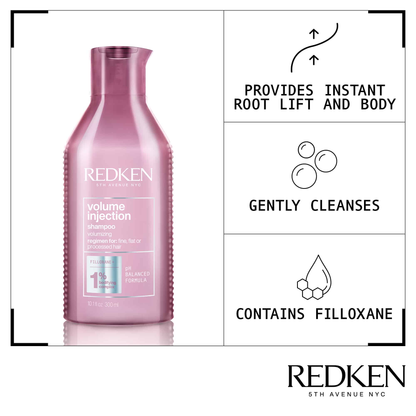 Redken Volume Injection shampoo bottle with product features on a white background
