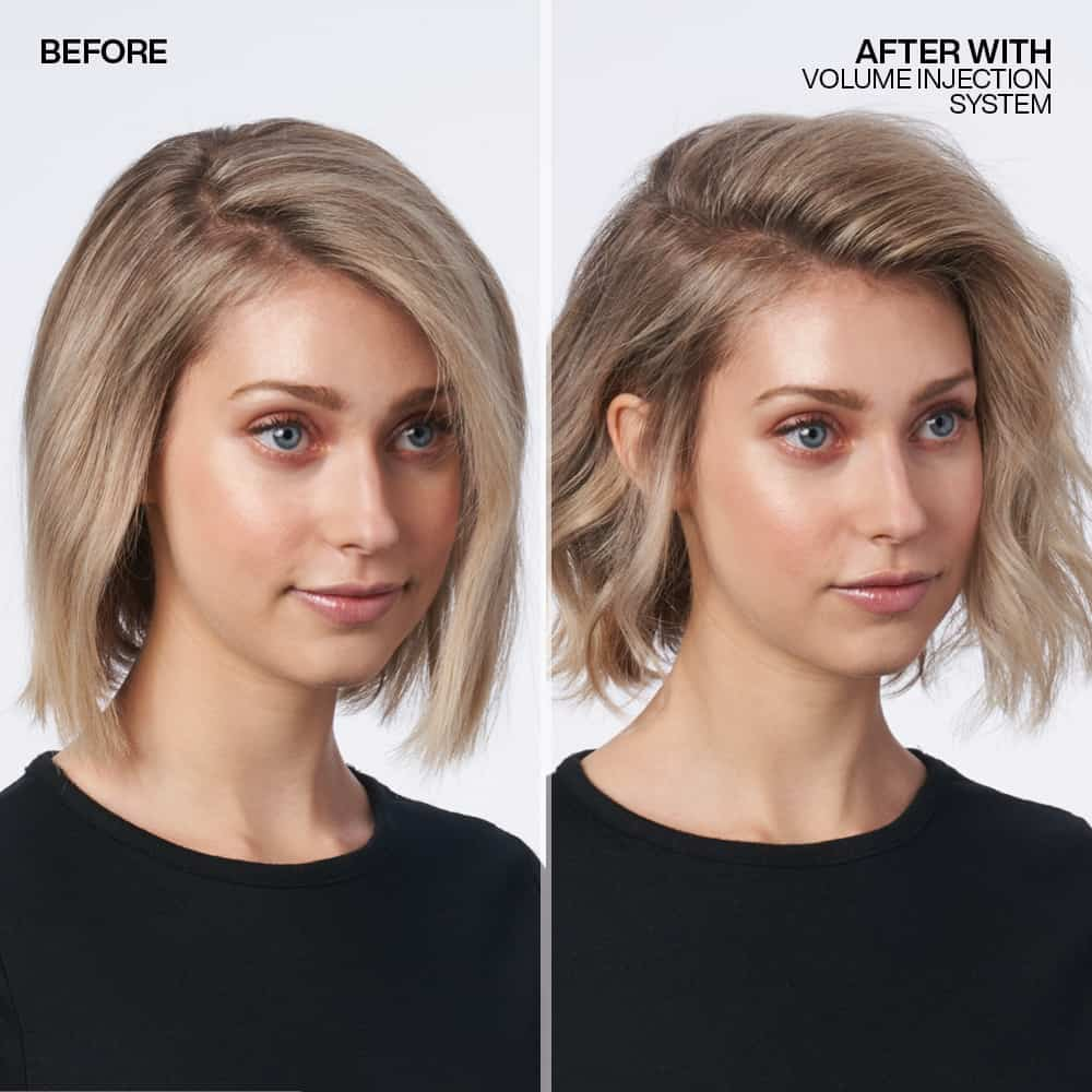 Before and after comparison of a woman's hair with volume injection system application.