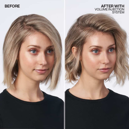 Before and after comparison of a woman's hair with volume injection system application.